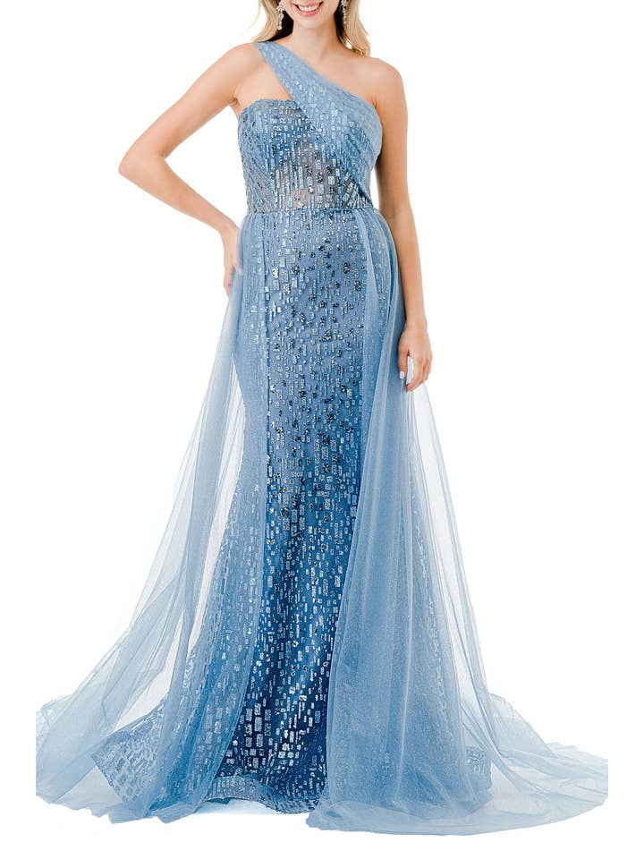 SMOKY BLUE Coya Collection Embellished One Shoulder Dress for wholesale on Faire