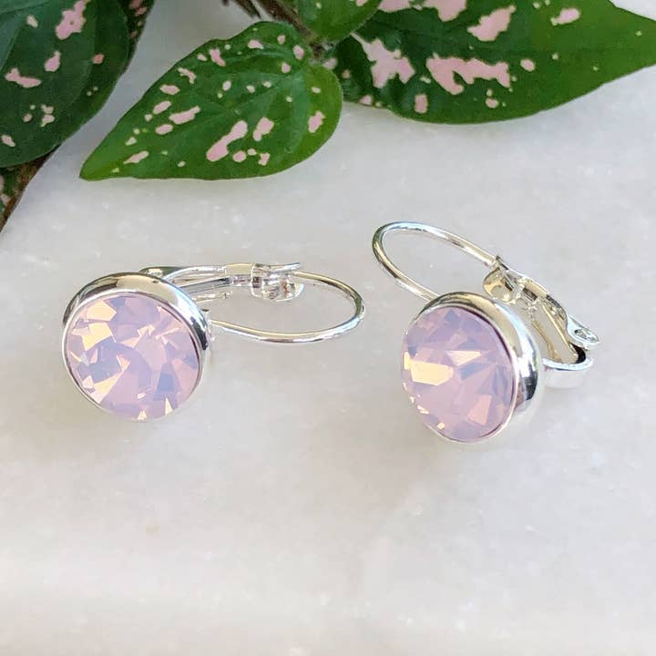 Silver Pink Opal Crystal Leverback Earrings for wholesale by Love Bird Fashion Accessories