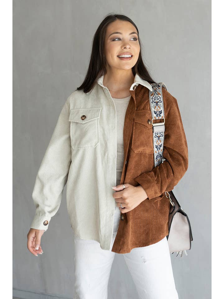 Brown Cream SKT2198 Tasha Two-Tone Button-Up Shacket for wholesale on Faire