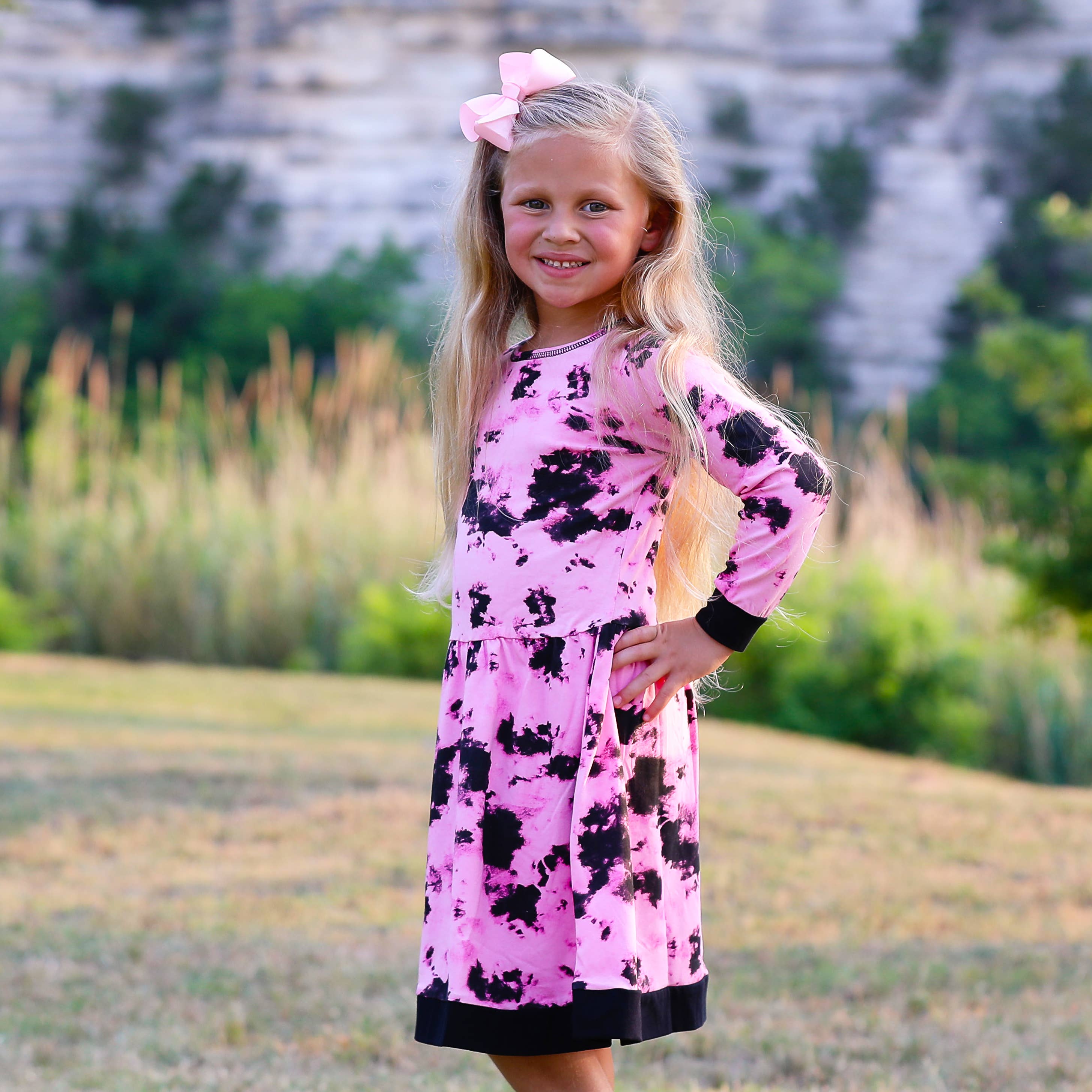 AnnLoren - Wholesale Dress - Kids - Pink & Black Groovy Girls Tie Dye Dress Cotton Kids Clothing2