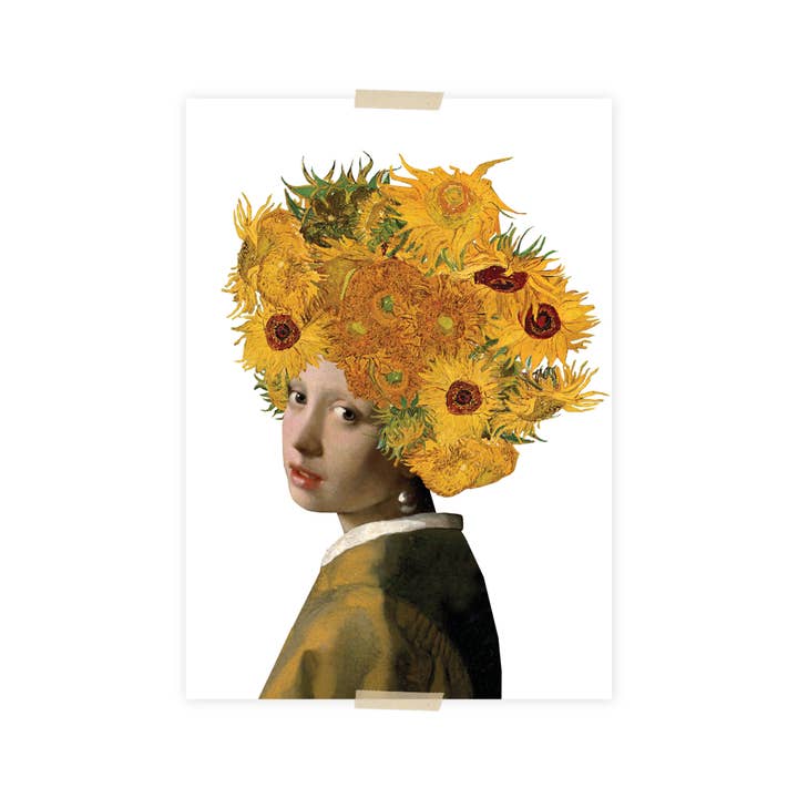 Lylies - Wholesale Postcard - Postcard collage Vermeer & Vincent Girl with a Pearl Earring sunflowers