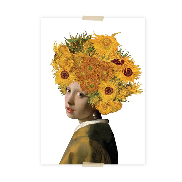 Cartolina collage Vermeer & Vincent Ragazza con l'orecchino di perla girasoli per la vendita all'ingrosso da parte di Lylies