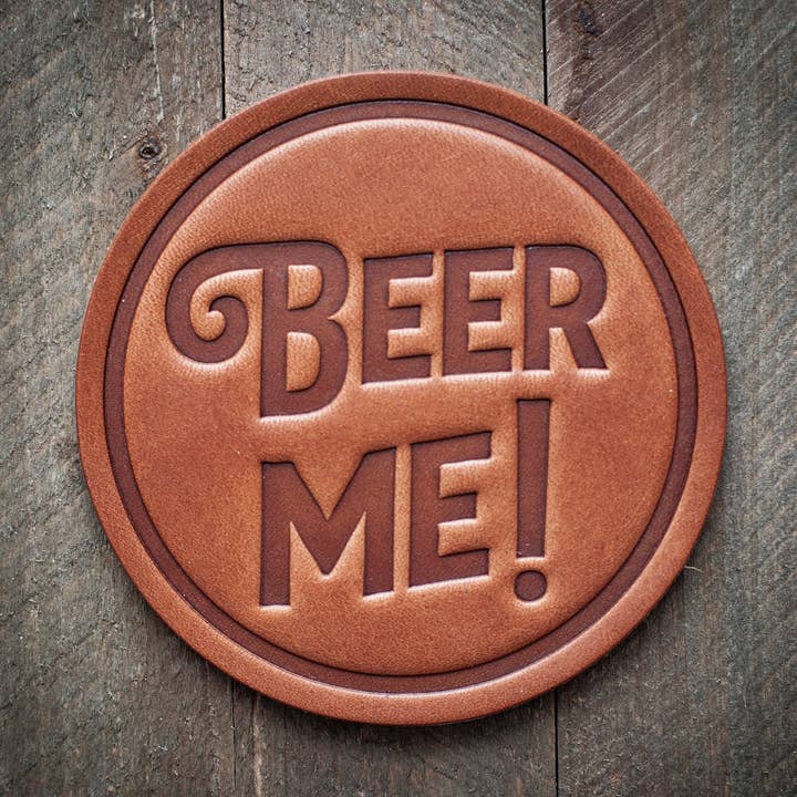 Beer Me! Leather Coaster for wholesale by Sugarhouse Leather