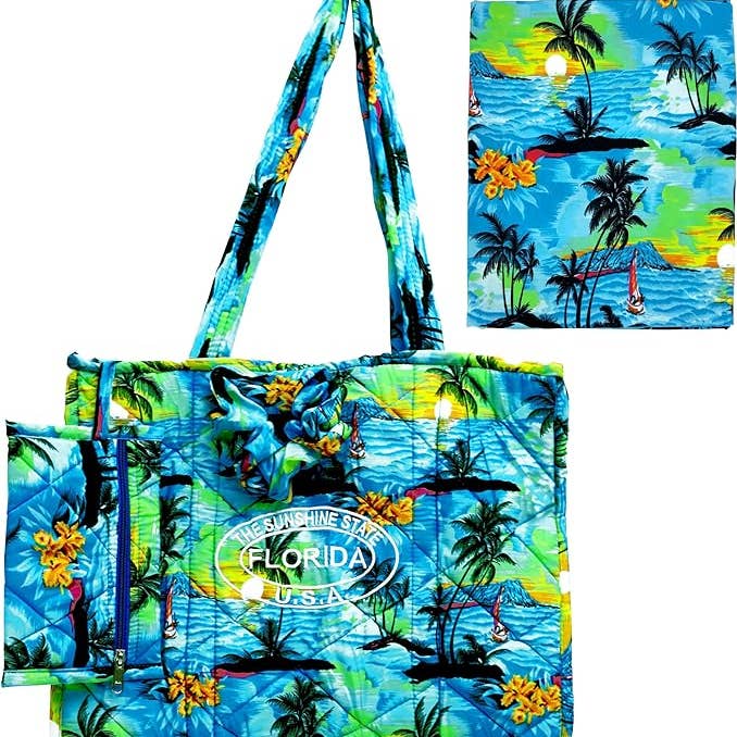 LA LEELA \ HAPPY BAY - Wholesale Beach Bag - Beach Pool Tote Bag + Purse + Beach Wrap Palm Blue P04688