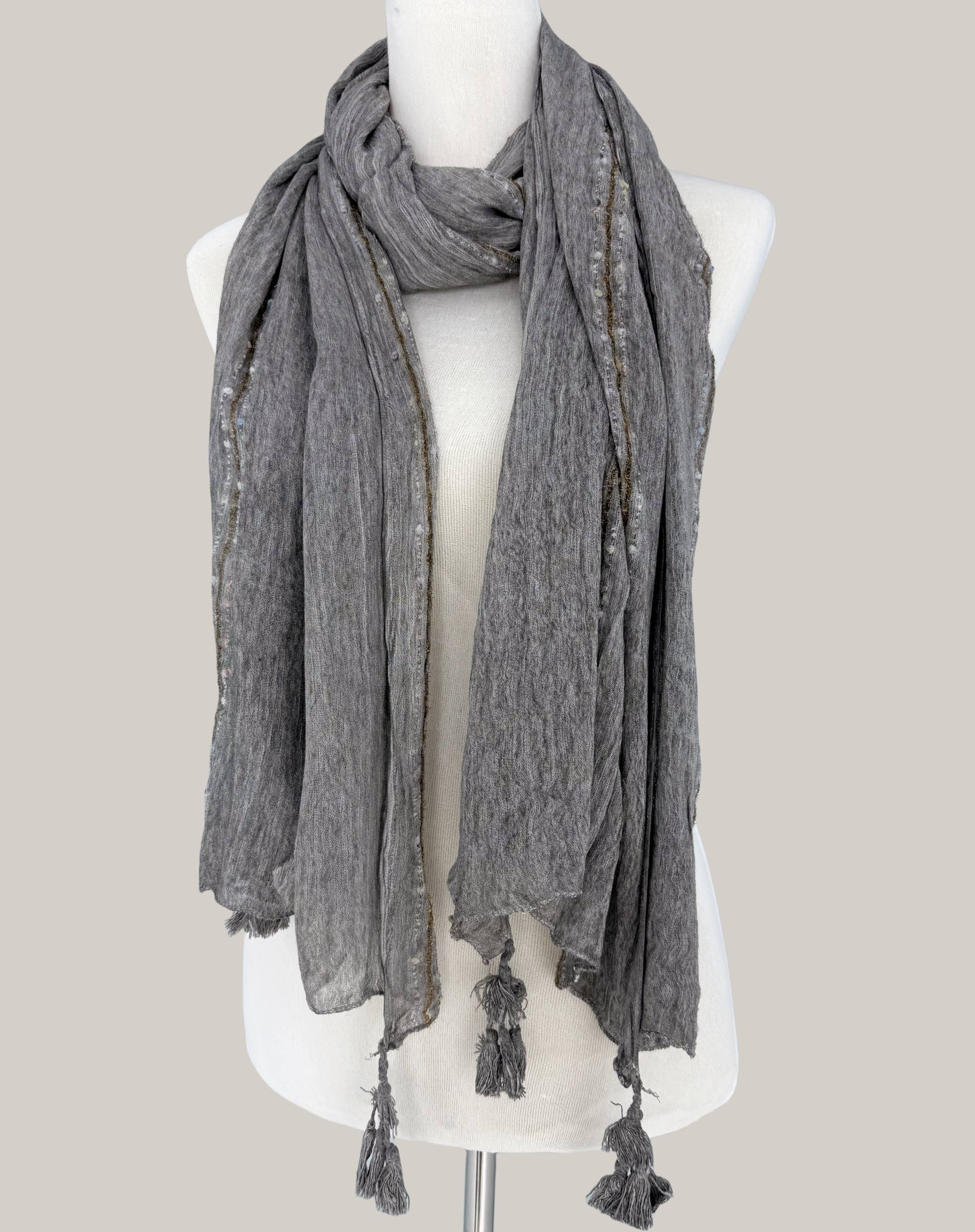 JC Sunny Fashion - Wholesale Scarf - Women's - Classic Ethnic Solid Tassels Scarf with Embroidered Stripes 3