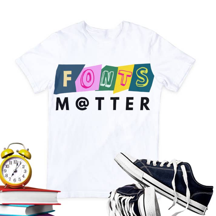 Fonts Matter White Tee for wholesale by Sophisticated Press LLC