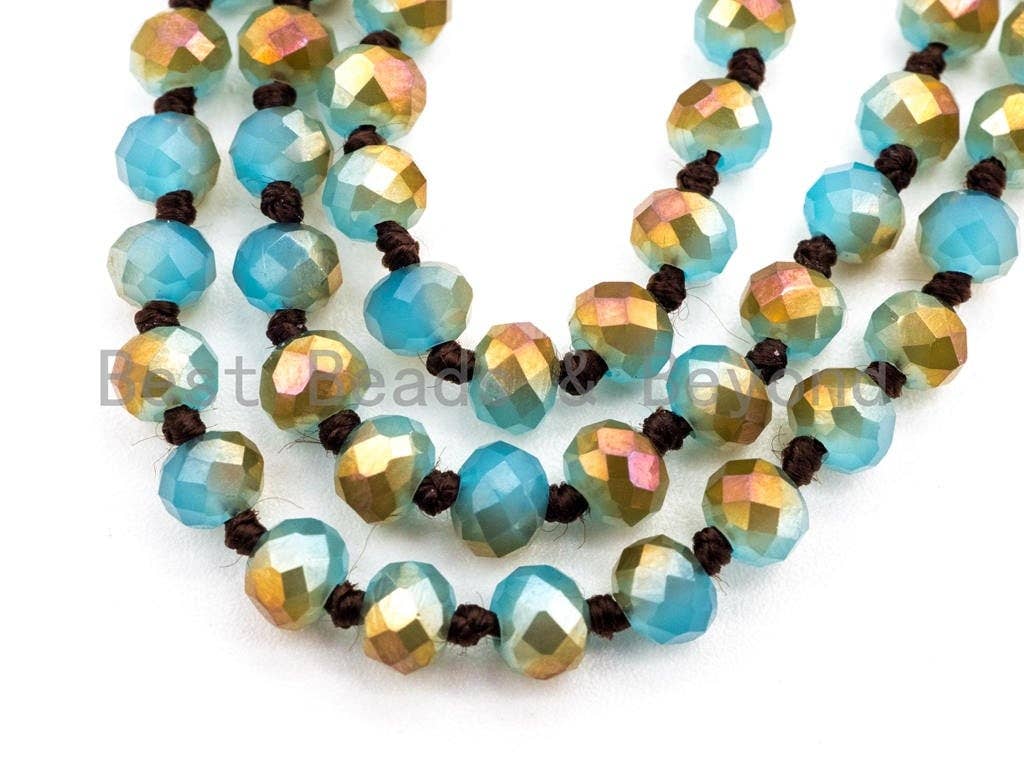 BestBeads&Beyond - Wholesale Beaded/Pearl Necklace - 60"/36" Long Hand Knotted Blue Gold Color Crystal Necklace, Double Wrap Necklace, Turquoise Color 4mm/8mm Rondelle Crystal Beads, SKU#D191