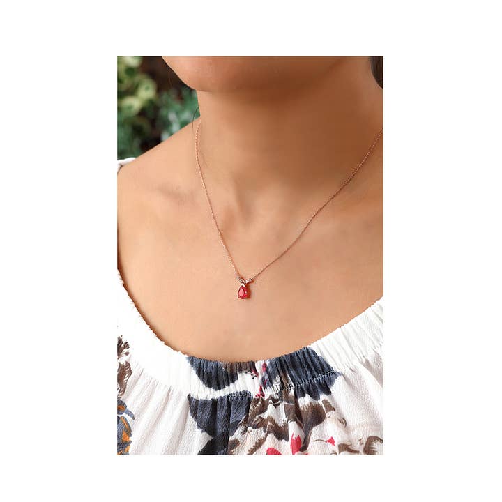 Red Zircon Tear Drop Pendant 925 Sterling Silver Necklace for wholesale by Azuris Silver