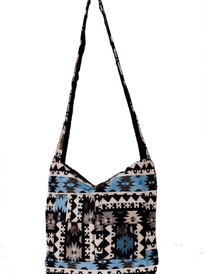 Jacquard Zip Top Hobo Bag Turquoise/Black for wholesale by Sunshine Joy