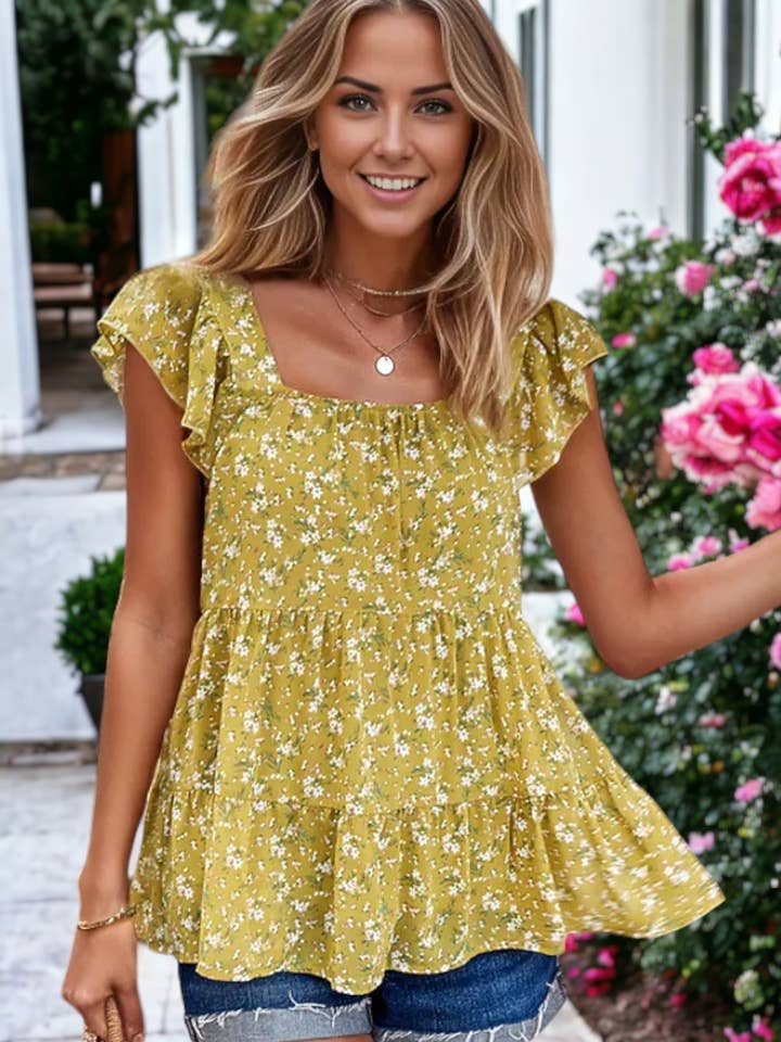 Anna Kaci Wholesale - Wholesale Blouse - Women's - Square Neck Ruffle Cap Sleeve Flower Printed Blouse