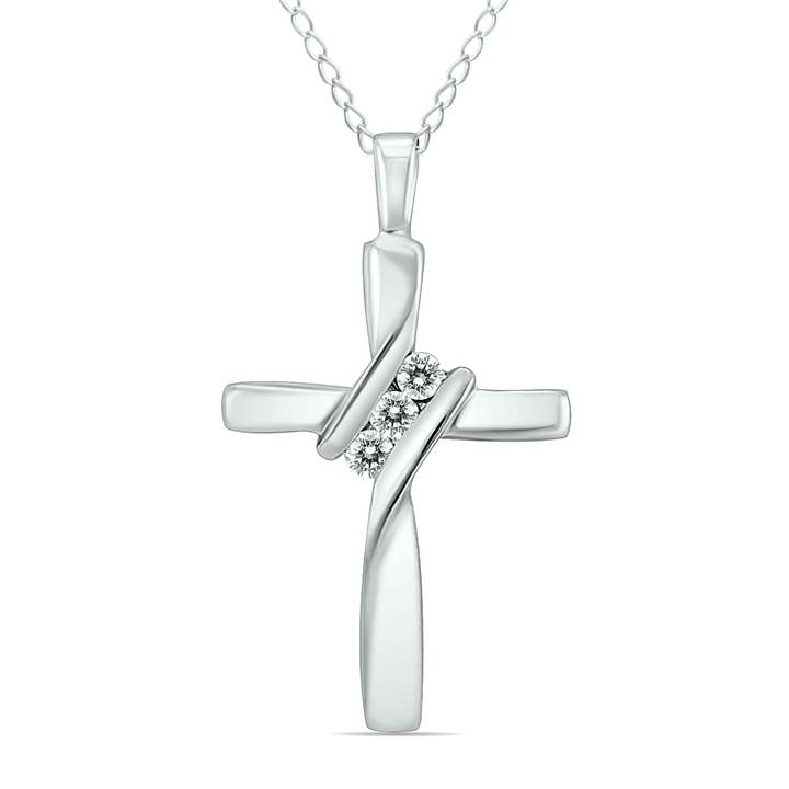 Three Stone Diamond Cross Pendant in 10K White & Yellow Gold for wholesale by Szul USA LLC