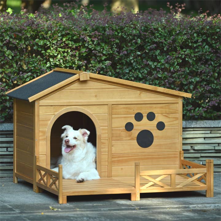 Natural Wooden Dog House with Porch, Water-Resistant Roof & Fencing for wholesale on Faire1