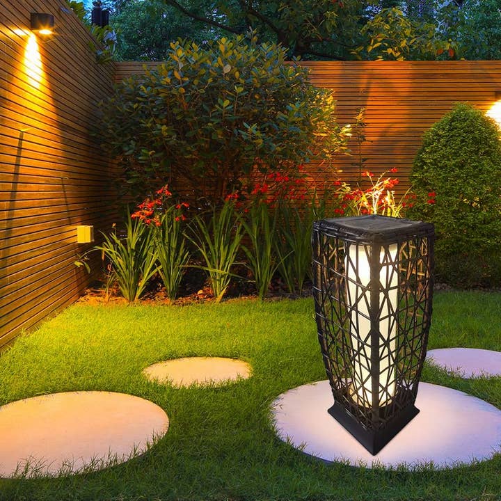 BROWN Outdoor 19" Solar Powered Lantern With Rattan Weaving-Floor Lamp for wholesale on Faire