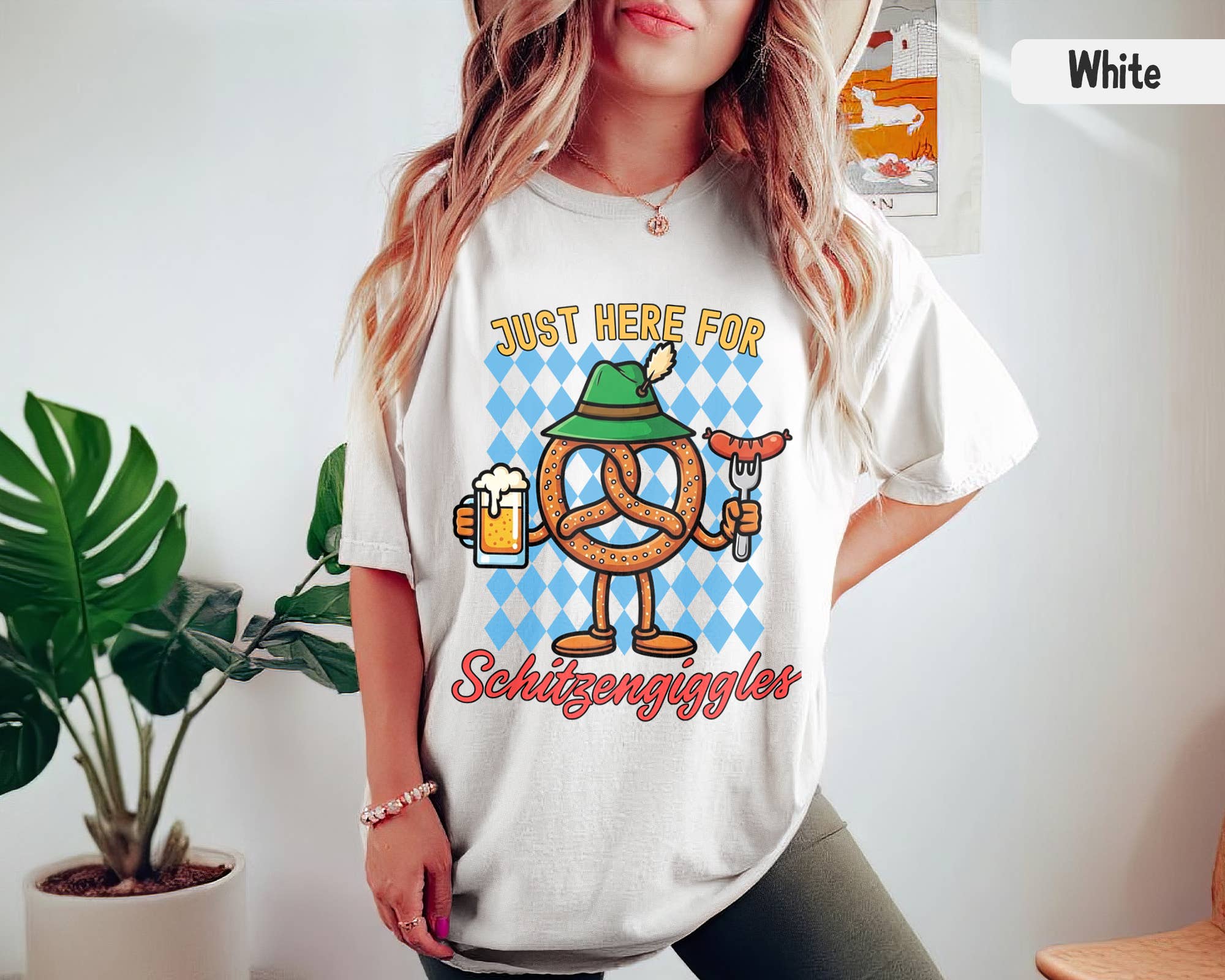 Vivtrek - Wholesale Screen Printed T-Shirt - Women's - Just Here for Schitzengiggles Funny German Beer Shirt