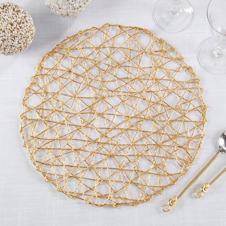 Metallic Gold Wire Nest 15" Round Placemat for wholesale by Fennco Styles
