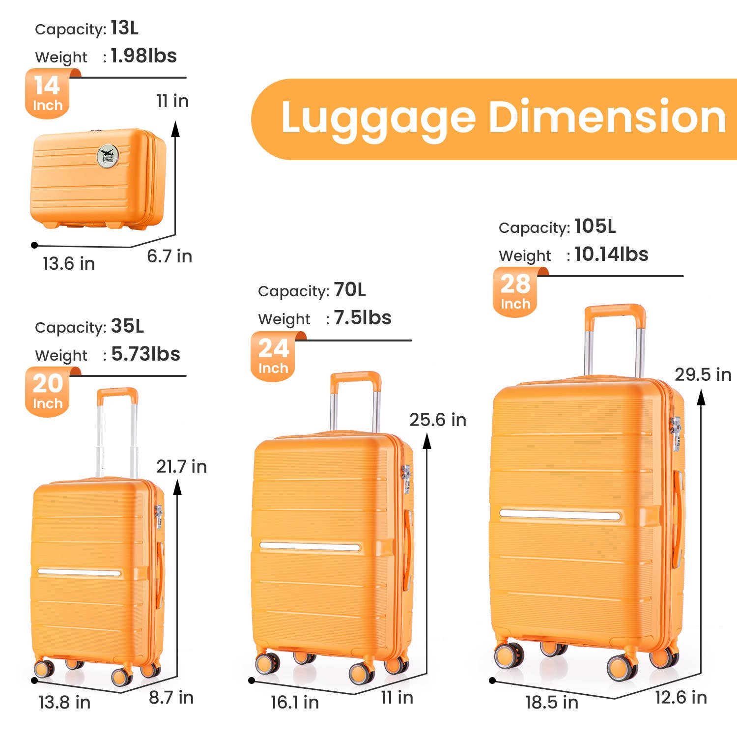 Orange Luggage Sets 4 Piece PP Lightweight Expandable Suitcase for wholesale on Faire2
