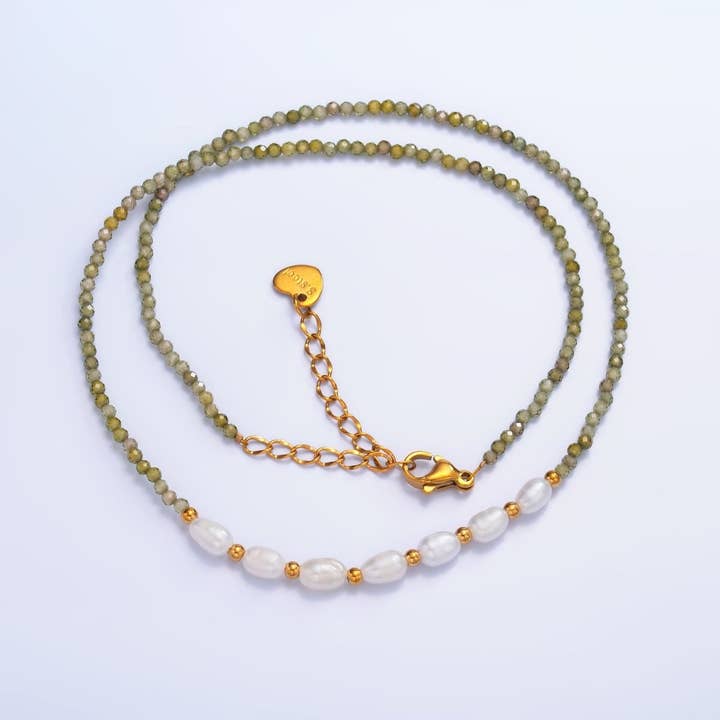 Stainless Steel Freshwater Pearl Green Multifaceted Crystal Gemstone 15 Inch Choker Necklace | WA-3106 for wholesale by Aim Eternal