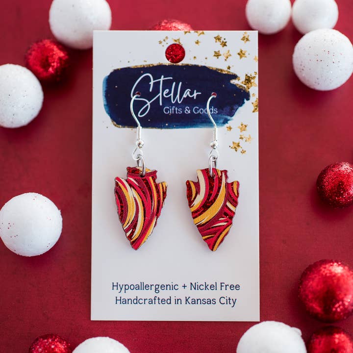 Stellar Gifts & Goods Wholesale - Wholesale Dangle Earrings - KC Football - Petite Glitter Swirl Arrowhead Dangles Red Gol0