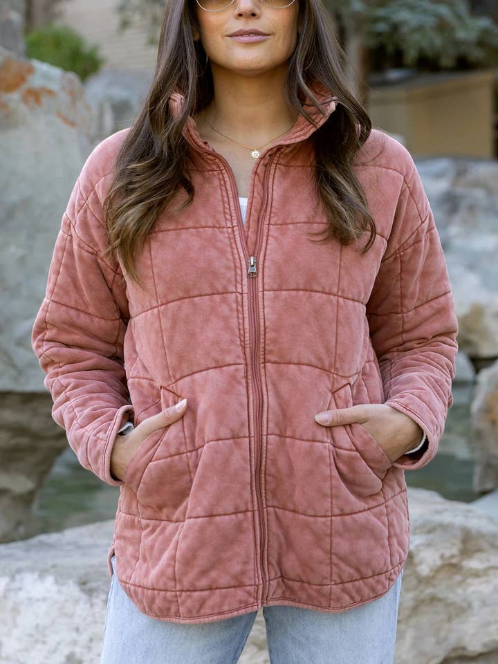 Mineral Washed Quilted Jacket in Terracotta for wholesale on Faire