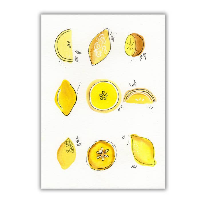 Lemons - Pen and Watercolor Archival Art Print for wholesale by Alyssa Whetstone Art