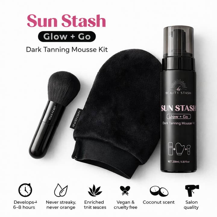 Beauty Stash - Wholesale Self-Tanner - Sun Stash Glow + Go Complete Tanning Kit – Sunless Self-Tanning Foam with Mitt & Brush, 6.3oz (Set of 6)