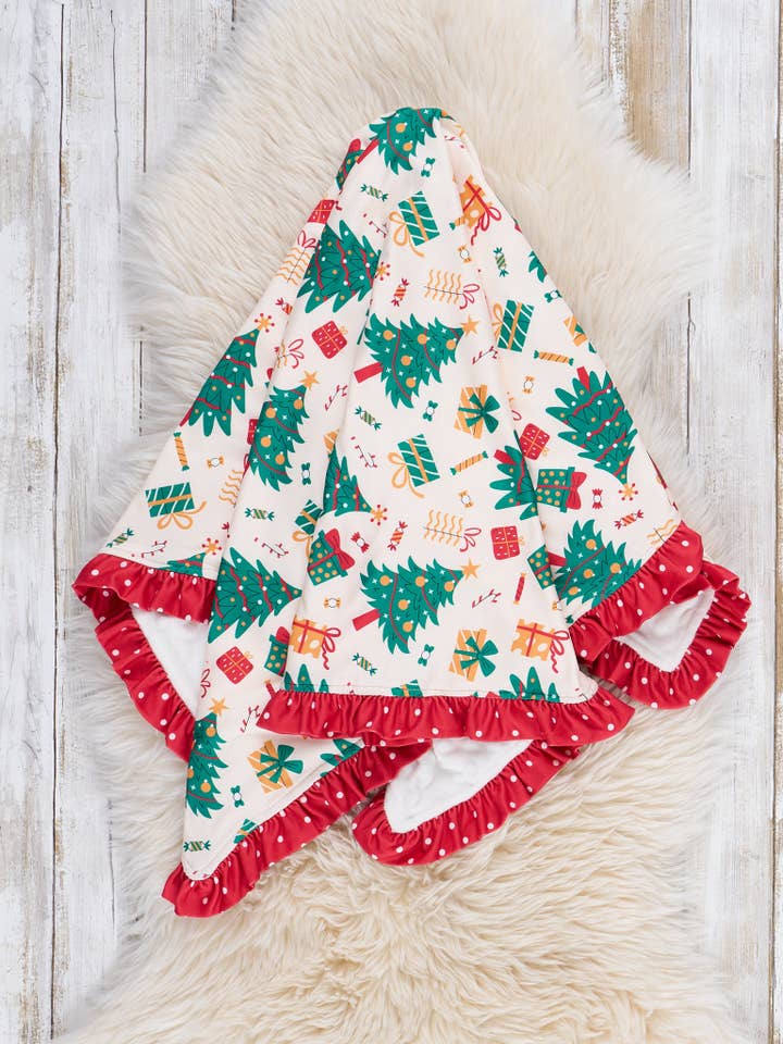 Christmas Morning Ruffle Minky Blanket for wholesale by Marie Nicole Clothing
