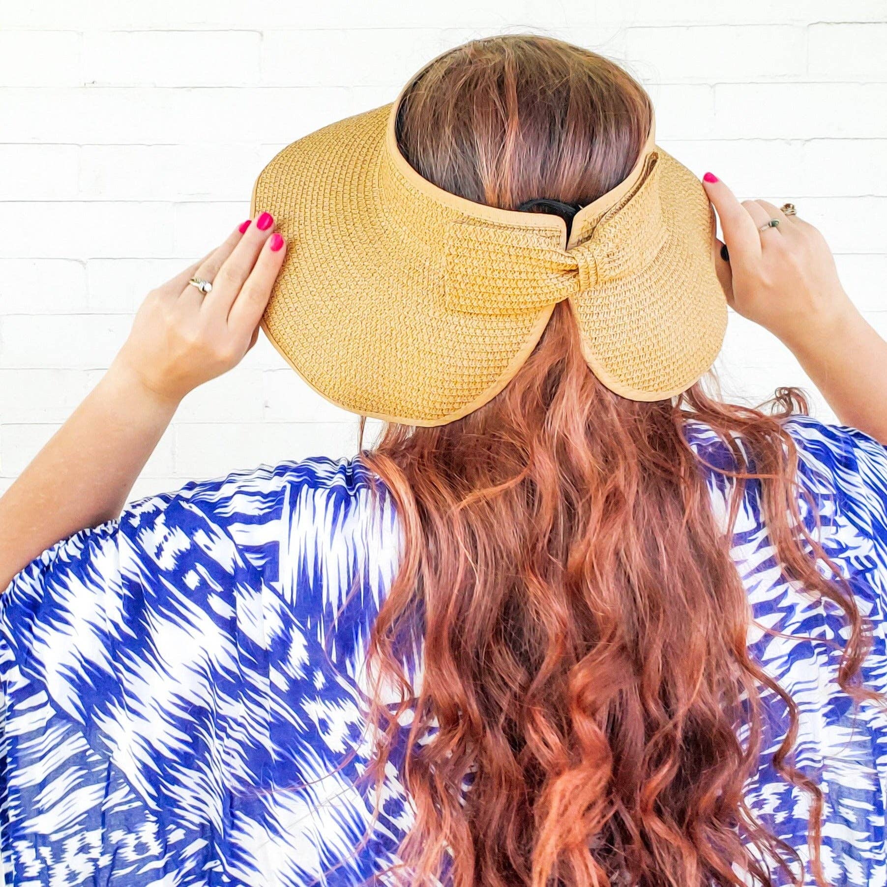 Red Sprite Hats - Wholesale Straw Hat - Women's - Straw Foldable Bow Sun Visor, Messy Bun Straw Hat1