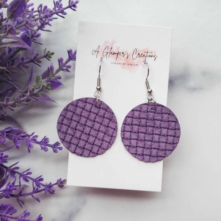 Dark Purple Basketweave Circle Drops Leather Earrings for wholesale by A Glamper's Creations LLC