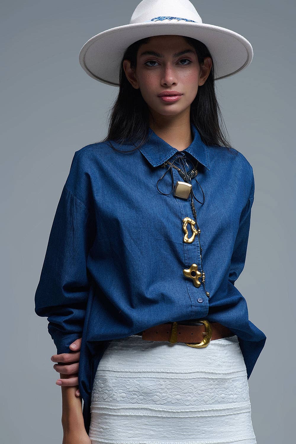 BLUE Relaxed Denim Shirt With Gold Abstract Buttons for wholesale on Faire3