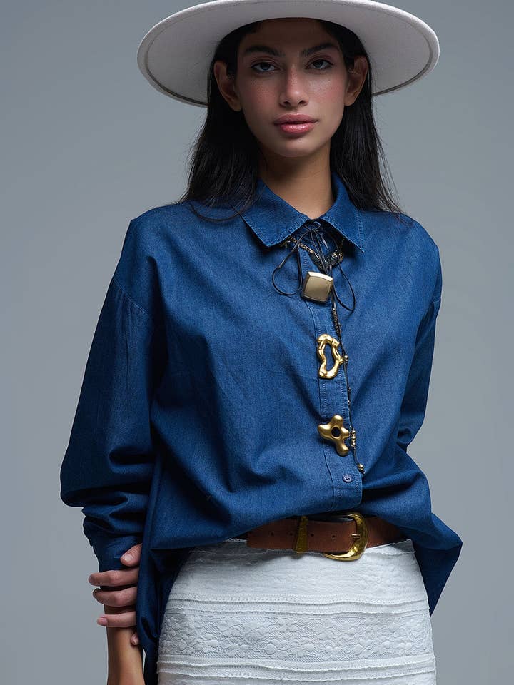 BLUE Relaxed Denim Shirt With Gold Abstract Buttons for wholesale on Faire3
