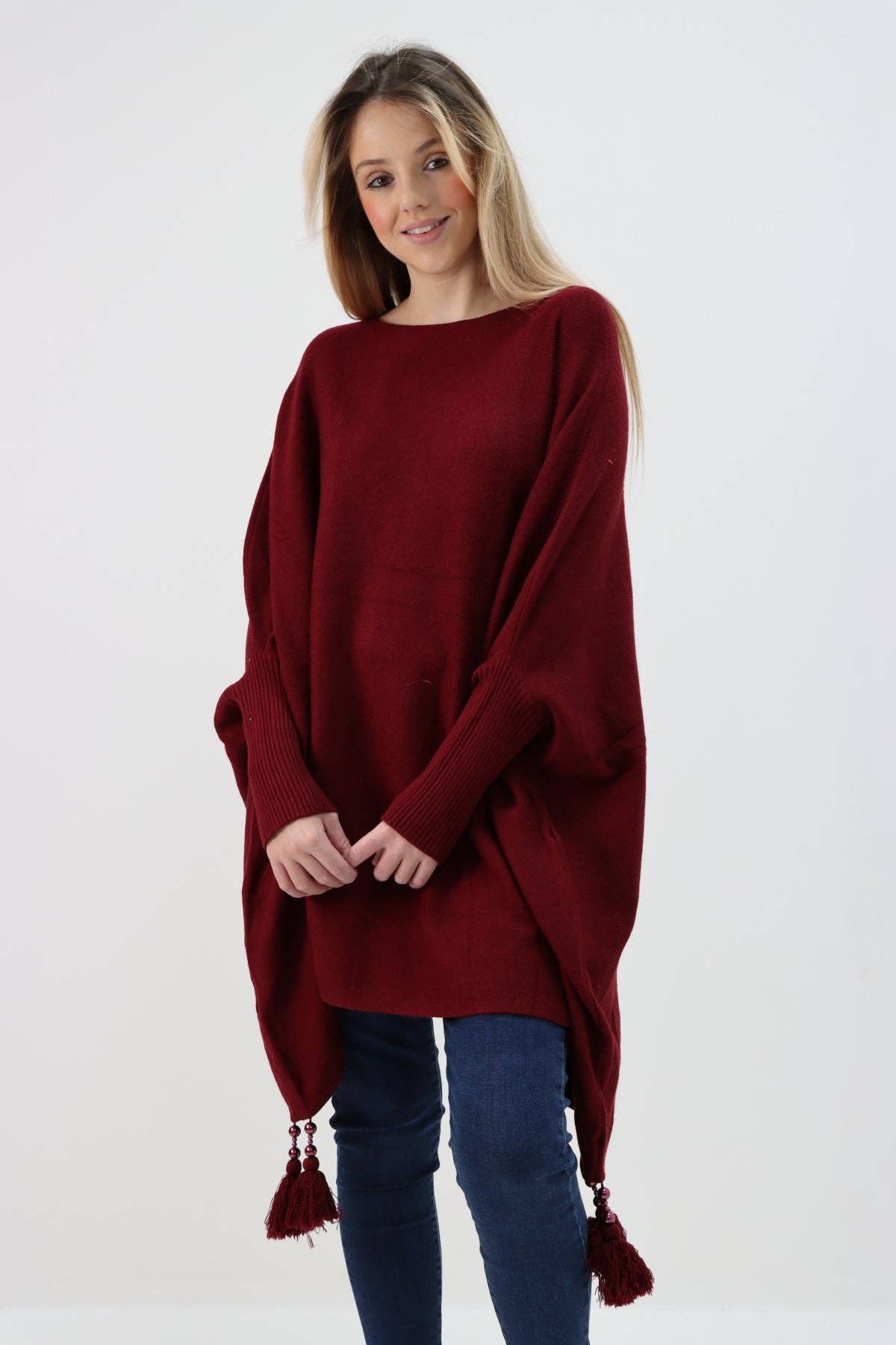 Miss Bold - Wholesale Poncho - Women's - Italian Plain Batwing Sleeves Tassels Tunic Poncho47