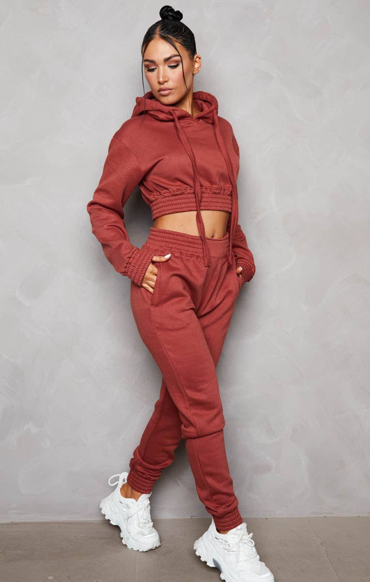 Femme Luxe – wholesale Lounge set – Women's – Rust Long Sleeve Crop Hoodie High Waisted Joggers Shirred Detail Fleece Loungewear Set - Costella9