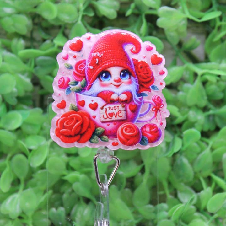 Valentine's Day Gnome in Teacup with Roses Badge Reel for wholesale by Hylidae Boutique
