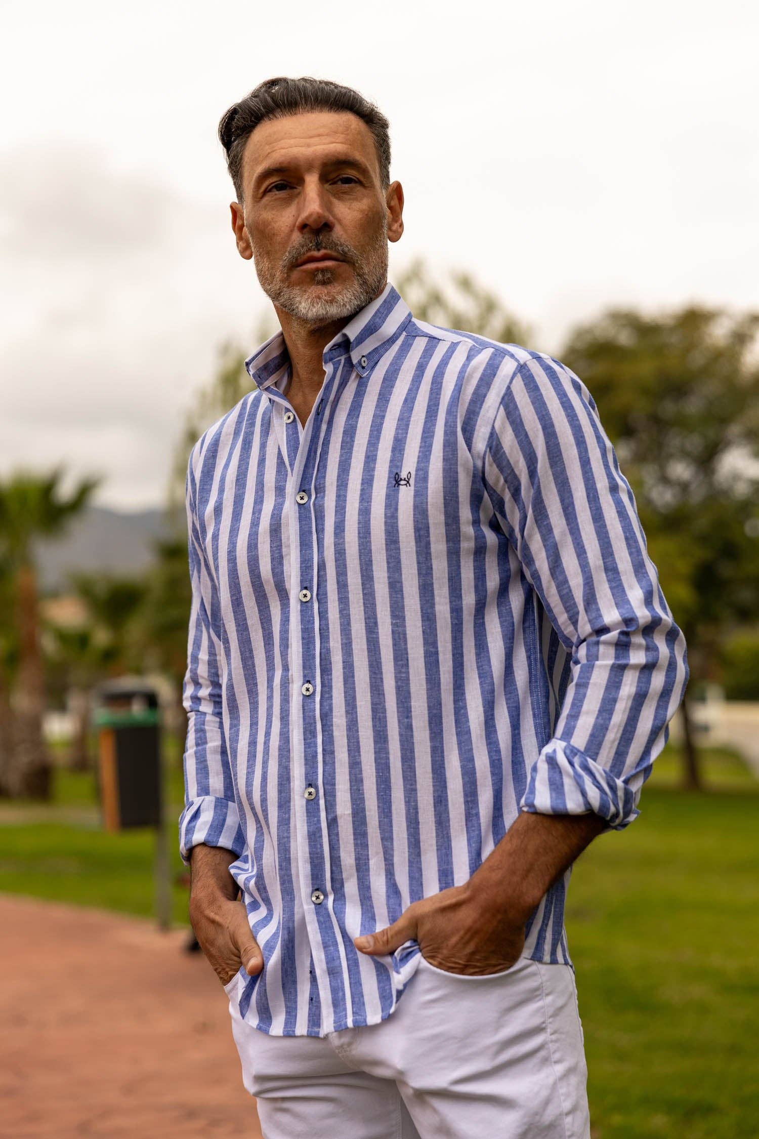 Custi Mikelo: Made in Spain - Wholesale Button Down Shirt - Men's - Blue Striped Linen Shirt | Baza1
