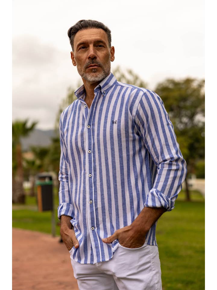 Custi Mikelo: Made in Spain - Wholesale Button Down Shirt - Men's - Blue Striped Linen Shirt | Baza1