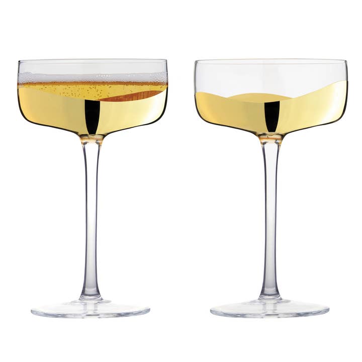 Wave Gold Champagne Coupes, Set of 2 – Handcrafted Glassware for wholesale by Anton Studio Designs
