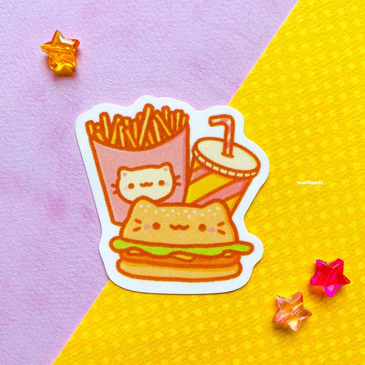 Autocollant en vinyle à paillettes Cat Fast Food pour la vente par Truffle Arts