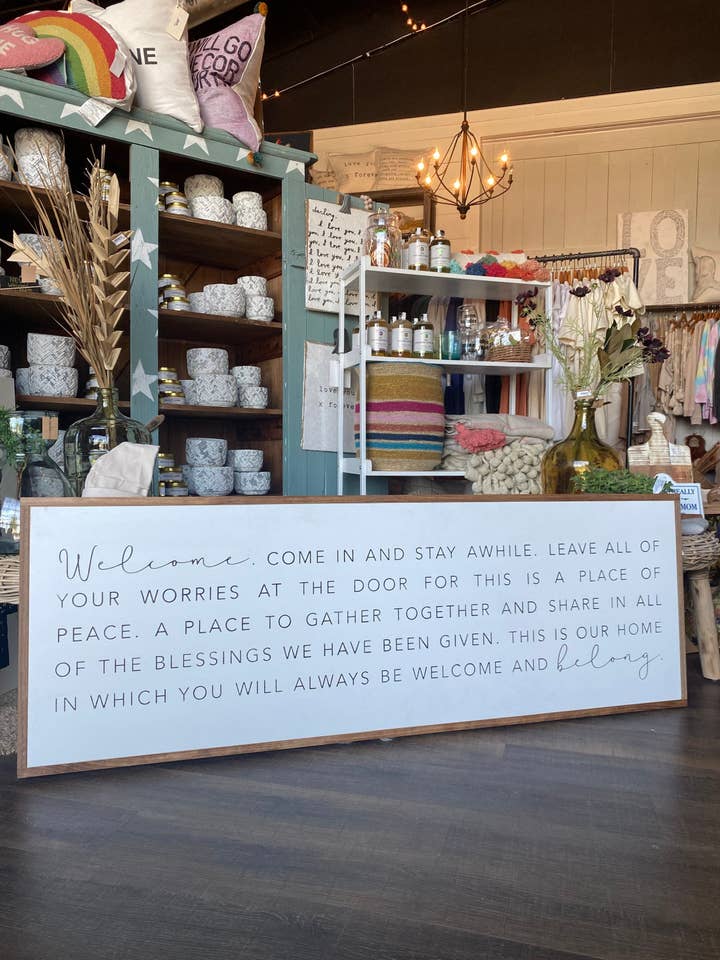 Welcome Come In And Stay Awhile Belong Wood Sign for wholesale by The Shed Interiors