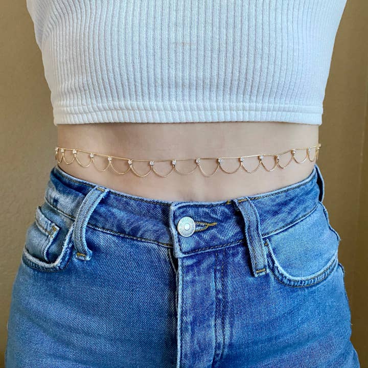 18k Gold Filled Bali Style Belly Chain With Cubic Zirconia Stones for wholesale by GoldFi