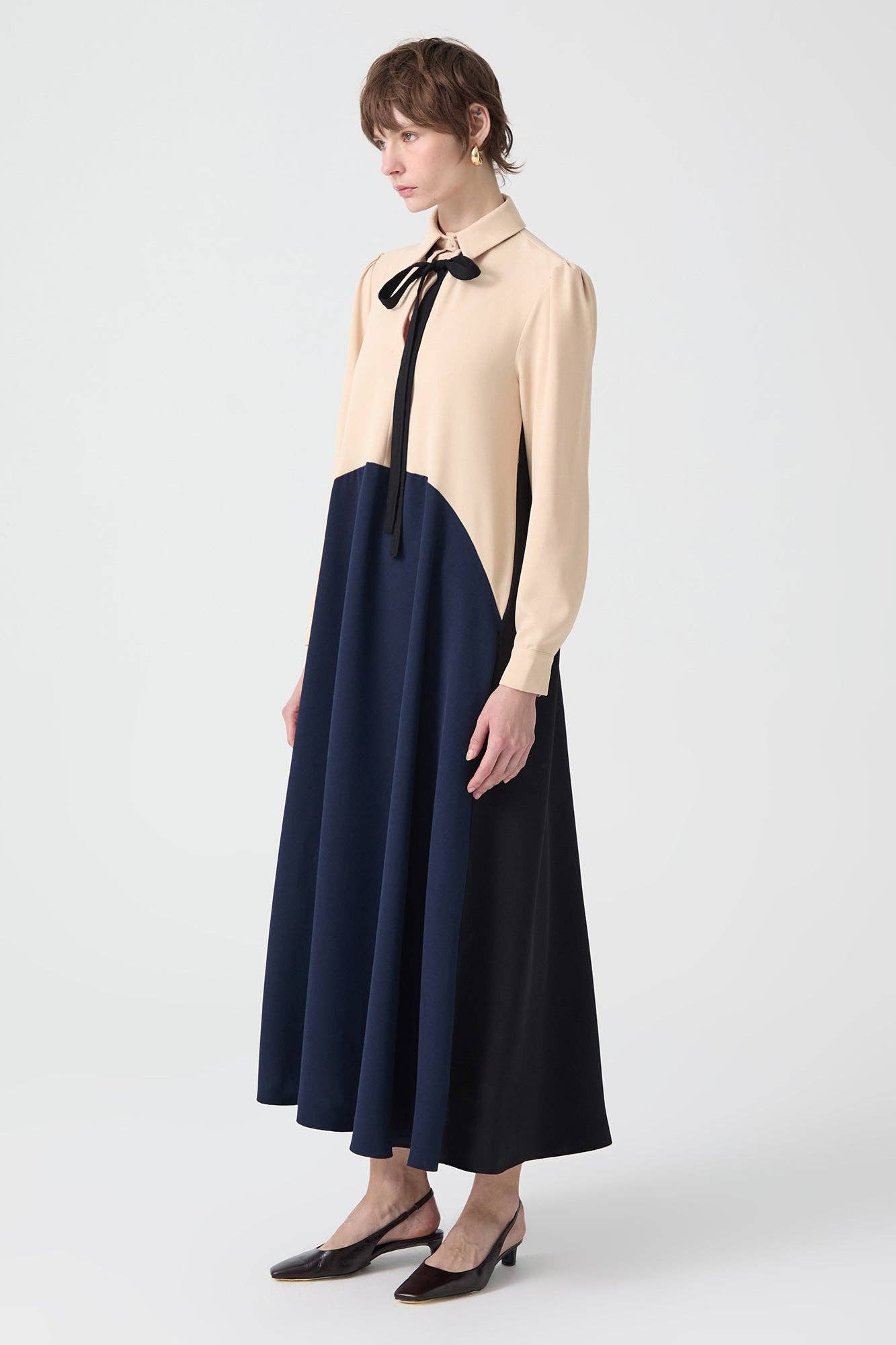 Navy Blue CREPE TIE NECK MAXI DRESS - MODEST COLORBLOCK ELEGANCE for wholesale on Faire2