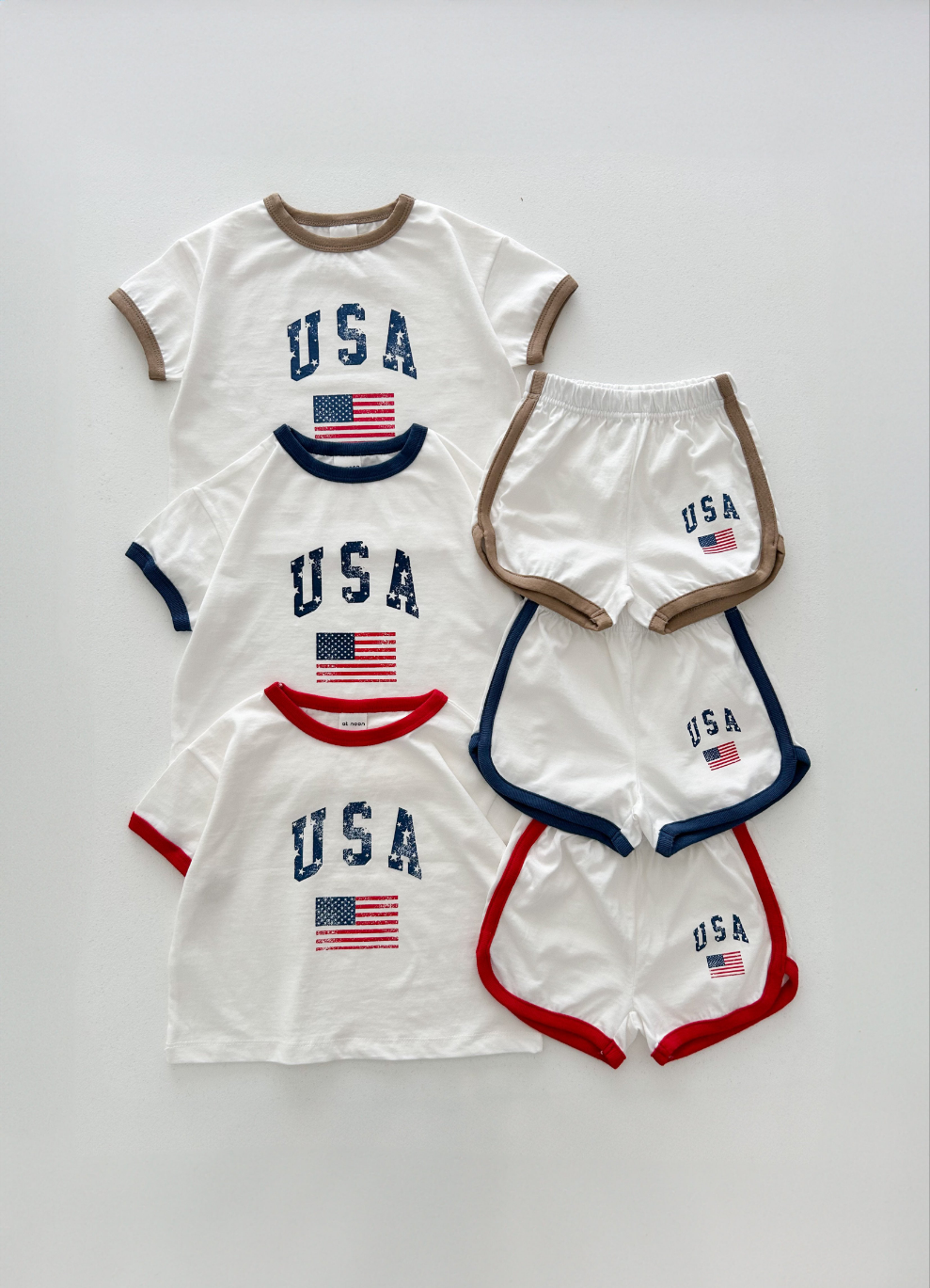 At Noon - Wholesale Top en short set - Kinderen - [At Noon Original Design] Kinderen Vintage Print USA Ringer T-shirt en Shorts Set (8m-7j) - 3 Kleuren11