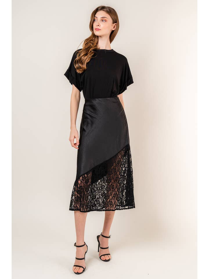 Black ASYMMETRICAL LACE BOTTOM MIDI SKIRT- SI4109FO for wholesale on Faire