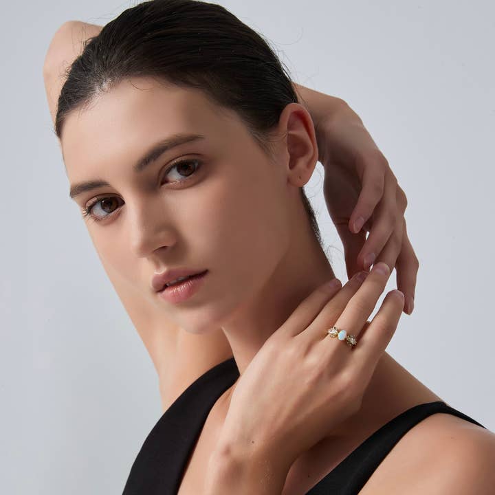 Perimade & Co. LLC - Wholesale Band/Stacked Ring - Oval Opal Olive Leaf Stacking Ring in 925 Sterling Silver1