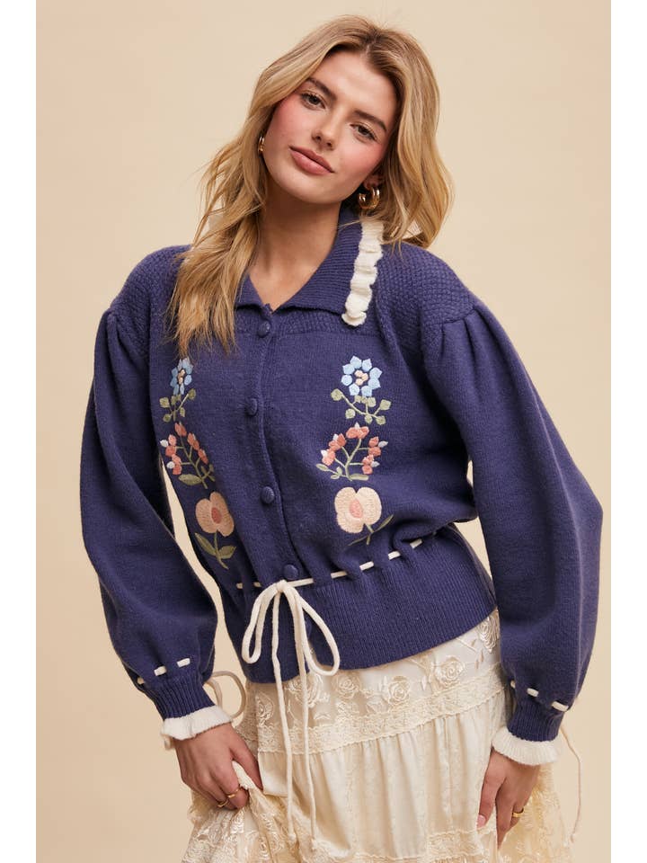 Listicle – Engroshandel Cardigan - Dame – Blomstret broderet strikket cardigan sweater