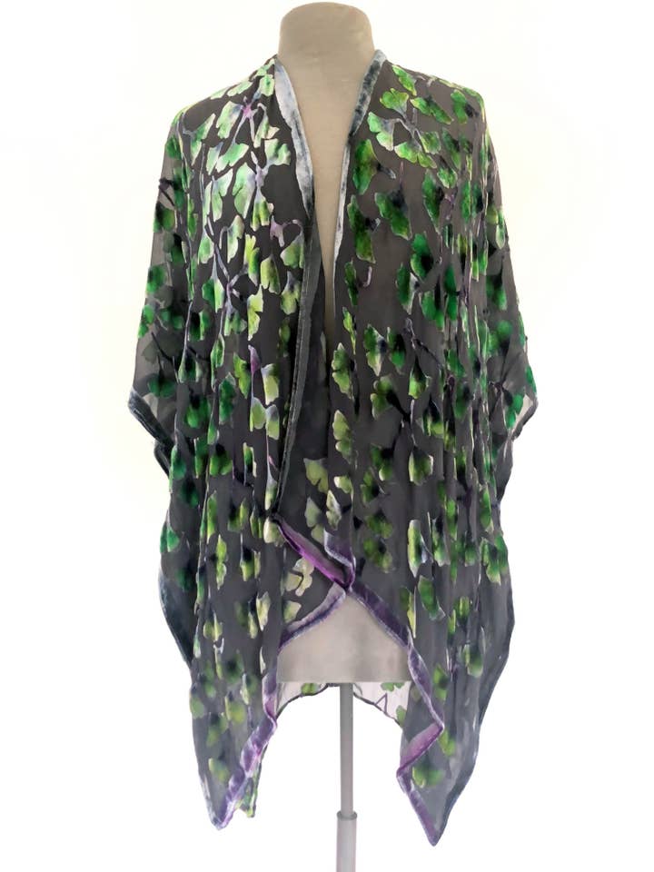 Gingko Leaves Velvet Kimono in shorter style for wholesale by Sherit Levin Textiles