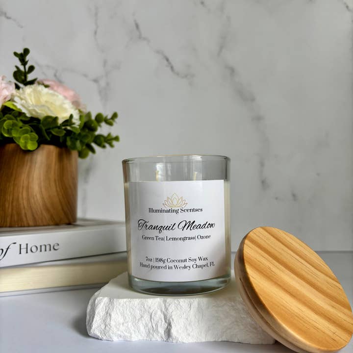 Tranquil Meadow (Green Tea + Lemongrass) 7oz Scented Candle for wholesale by Illuminating Scentses