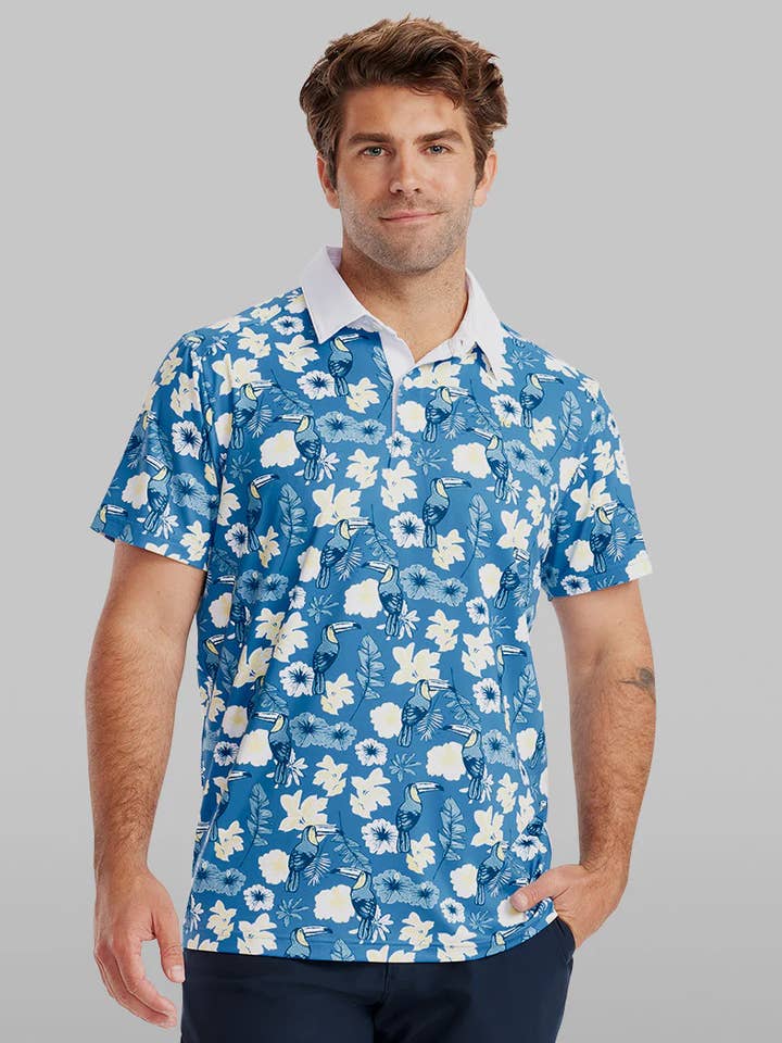 Tipsy Elves - Wholesale Polo - Men's - Blue Botanics Men's Golf Shirt - Tropical Floral Golf Polo