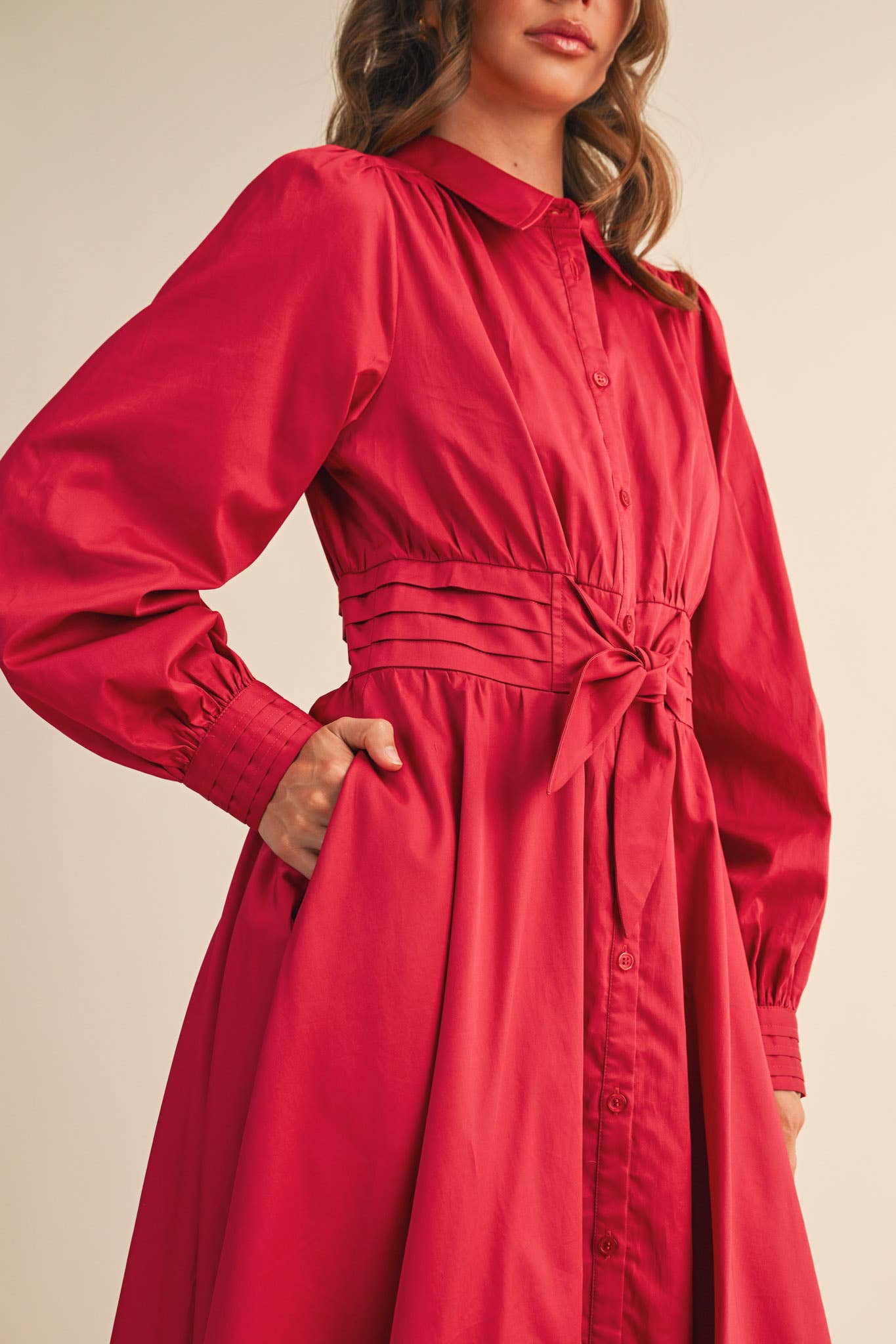 &MERCI - Wholesale Dress - Women's - PINTUCK WAIST TIE FRONT MIDI DRESS MDR421930