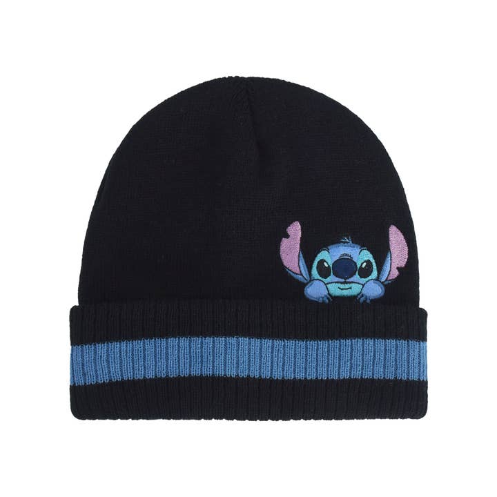 Concept One - Wholesale Beanie - Women's - Disney Lilo & Stitch Peeking Striped Beanie, Black / Blue