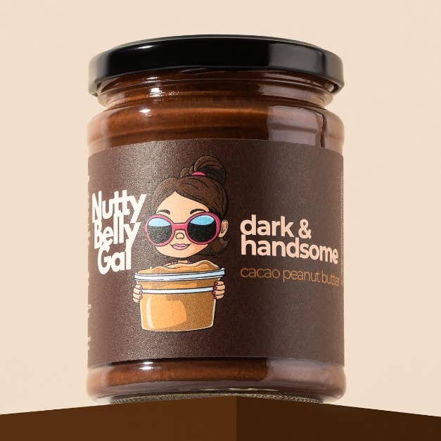 Dark & Handsome: Dark Chocolate Peanut Butter + Cacao Nibs for wholesale by Nutty Belly Gal
